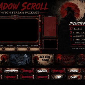 May include: A digital Twitch stream package titled Shadow Scroll featuring a dark red and black theme with samurai-inspired graphics. The set includes a main video frame, chat box, and various panels with text like About Me, Donate, and FAQ.