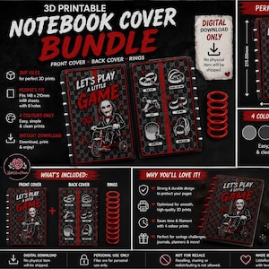May include: A 3D printable notebook cover bundle featuring a black and red design with the text Let's Play A Little Game. The set includes a front cover, back cover, and red rings. It is designed for A5 discbound notebooks measuring 148 x 210mm.