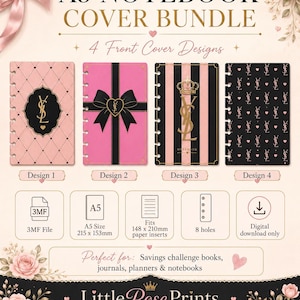 May include: A digital A5 notebook cover bundle featuring four distinct designs with pink, black, and gold accents. The set includes 3MF files for 148 x 210mm paper inserts with 8 holes. The text reads A5 NOTEBOOK COVER BUNDLE, 4 Front Cover Designs, 3MF File, A5 Size 215 x 153mm, Fits 148 x 210mm paper inserts, 8 holes, Digital download only, and Little Rose Prints.