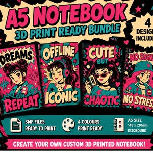 Pode incluir: Um pacote digital para impressão 3D de cadernos A5 com quatro designs contendo ilustrações retro de personagens e textos como Dreams on Repeat, Offline & Iconic, Cute but Chaotic e No Signal No Stress, com dimensões de 148 x 210mm.