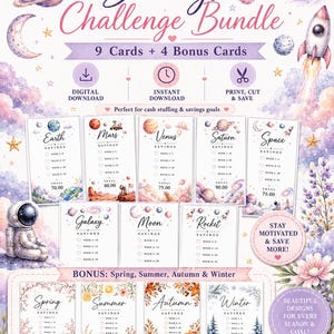 Puede incluir: Un paquete de desafíos de ahorro con 9 tarjetas de temática espacial y 4 tarjetas de bonificación estacionales. Las tarjetas incluyen diseños de Earth, Mars, Venus, Saturn, Space, Galaxy, Moon, Rocket, Spring, Summer, Autumn y Winter.