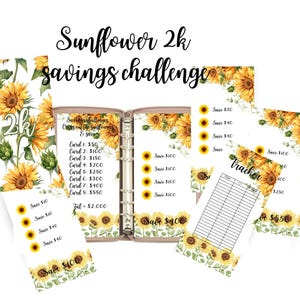 Peut inclure: Ensemble de documents imprimables de planification financière sur le thème des tournesols. L'ensemble comprend un classeur, des trackers d'épargne et des cartes de défi avec le texte "Sunflower 2k savings challenge".