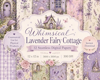 Carta digitale "Casetta delle Fate alla Lavanda", pacchetto di motivi senza soluzione di continuità, carta per scrapbooking in stile cottagecore, carta stampabile floreale viola