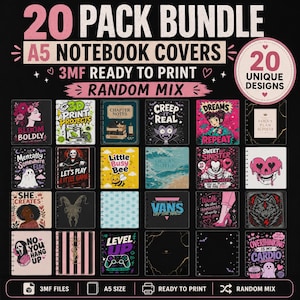 Puede incluir: Un paquete de 20 portadas para cuadernos A5 con una mezcla aleatoria de 20 diseños únicos. La colección digital incluye archivos 3MF listos para imprimir. Los diseños muestran varias ilustraciones gráficas, texto y patrones en diversos colores.