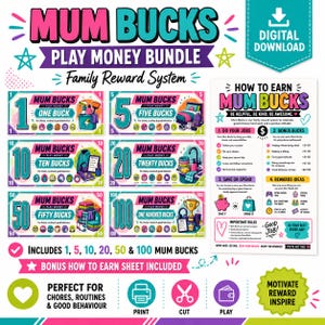 Può includere: Un pacchetto di download digitale con denaro giocattolo Mum Bucks nei tagli da 1, 5, 10, 20, 50 e 100. Include un foglio di istruzioni How to Earn Mum Bucks con idee per ricompense, regole e grafiche colorate per le faccende e il buon comportamento.