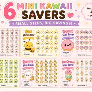 Op de afbeelding: Een set van zes printbare 10,16 x 7,62 cm mini-spaaruitdagingskaarten met kleurrijke illustraties van bubble tea, bijen, donuts, kikkers, konijntjes en ijsjes. Elke kaart bevat twintig kleine iconen met dollarbedragen en een totaalbedraglijn.
