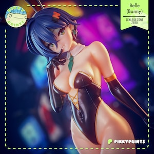 May include: A Belle Bunny figurine from Zenless Zone Zero featuring a character with short blue hair, wearing a black leotard with orange trim, long black gloves, and a white collar with a green tie. The figure has bunny ears and a small orange hair clip.