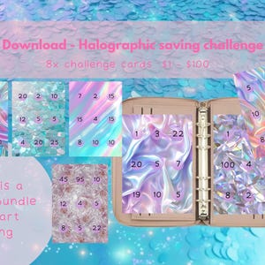 Könnte beinhalten: Digitaler Download eines holografischen Spar-Challenge-Bundles. Das Bundle enthält acht Challenge-Karten mit Beträgen von 1 € bis 100 €. Die Karten weisen farbenfrohe, wirbelnde Designs auf und werden in einem beigen Ordner angezeigt. Der Text auf dem Bild lautet: "Dies ist ein tolles Bundle, um mit dem Sparen zu beginnen."