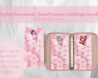 May include: Digital download of a small income challenge bundle with six challenge cards. The cards feature illustrations of cartoon characters and coin amounts. The text reads "This is a great bundle for beginners or small income families."