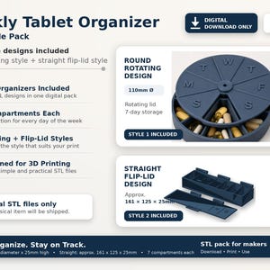 Puede incluir: Un paquete digital para un organizador semanal de pastillas con dos diseños imprimibles en 3D. Incluye un contenedor redondo giratorio de 110mm de diámetro y un estilo recto con tapa abatible de 161 x 125 x 25mm, ambos con siete compartimentos.