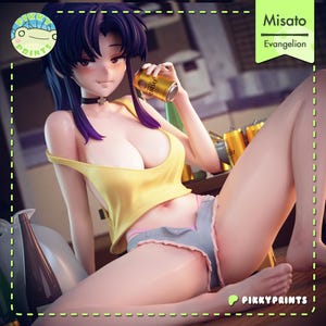 May include: A Misato Katsuragi anime-style figurine featuring dark purple hair, a yellow tank top, and light blue denim shorts. The figure holds a gold Yebisu beer can, wears a black choker with a cross, and is surrounded by several beer cans.