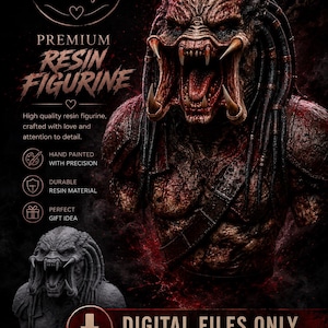 Puede incluir: Una impresión de arte digital que presenta una detallada figura de resina Predator. La imagen muestra una criatura amenazante con dientes afilados y armadura intrincada, con el texto "Premium Resin Figurine". La obra de arte está pintada a mano y es de resina duradera.
