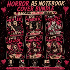 May include: A digital bundle of six A5 horror-themed notebook covers featuring pink and black checkerboard patterns, dripping heart motifs, and illustrations of iconic horror characters with text including Quiet But Killer and Sweet But Sinister.