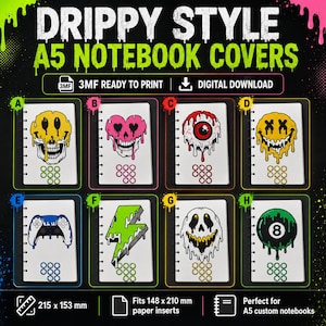 May include: A digital download set of eight A5 notebook covers labeled A through H, featuring drippy graphic designs including skulls, a gaming controller, a lightning bolt, and an 8-ball. The covers measure 215 by 153 mm for A5 paper inserts.