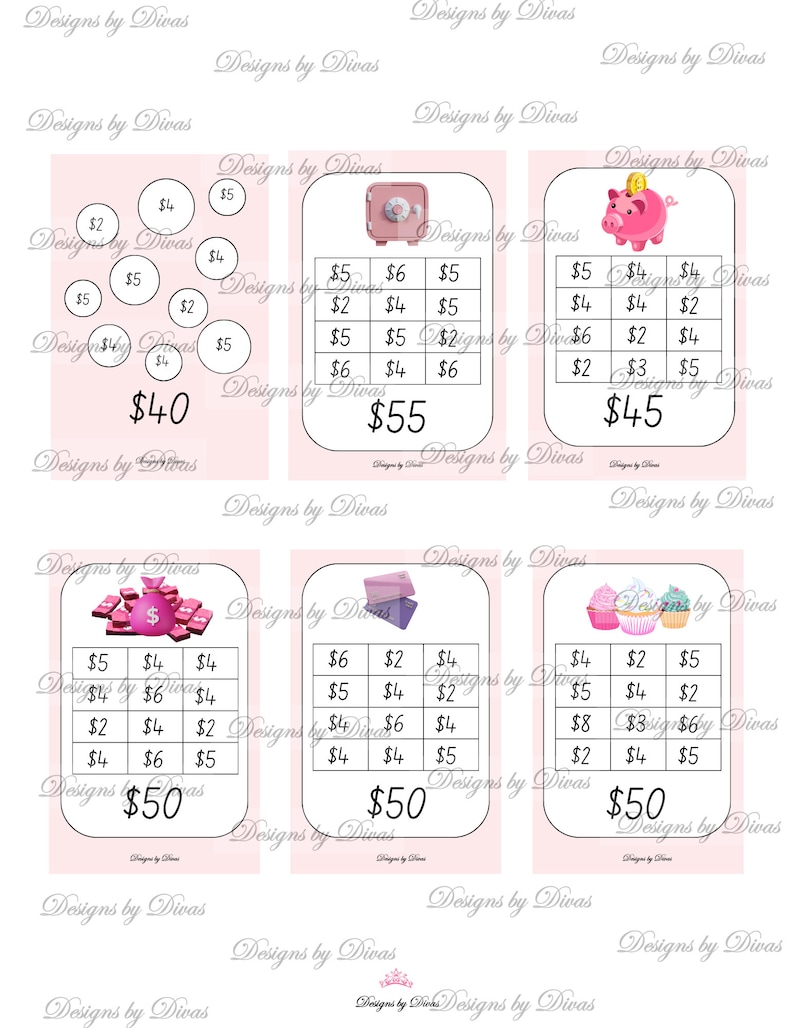 May include: Four pink and white bingo cards with different images and numbers. The cards have a pink background with black borders and white numbers. The images are a safe, a piggy bank, a bag of money, and cupcakes. The cards are labeled with the total amount of money on each card: $40, $55, $45, and $50.
