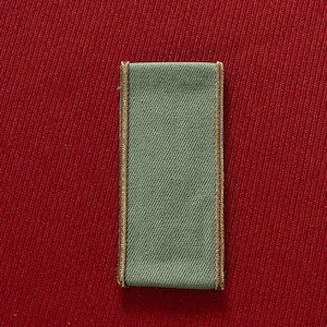 May include: A green fabric ribbon with gold trim. The ribbon is on a red background.