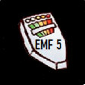 May include: A white EMF meter with a black and brown outline. The meter has a digital display and a series of colored lights that indicate the strength of the electromagnetic field.