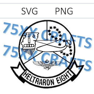 May include: Black and white graphic design of a military insignia. The insignia features a helicopter, a star, and the text "Helitron Eight".