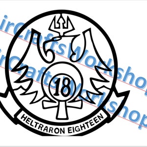 May include: Black and white illustration of a crest with a winged eagle, a trident, and a symbol resembling an ankh. The crest is surrounded by a circle with the text "Helitron Eighteen".