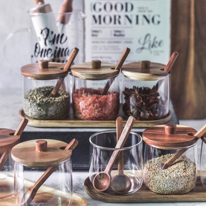 Grature Ceramic Sugar Salt & Spice Bowls with Lids & Spoons White with Script Condiment Holder Jars Home Décor Containers Decorative Kitchen Counter Dish 