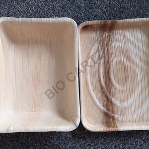 May include: Two square, disposable, palm leaf plates. The plates are made from natural materials and are biodegradable. The plates are perfect for serving food at parties or events.