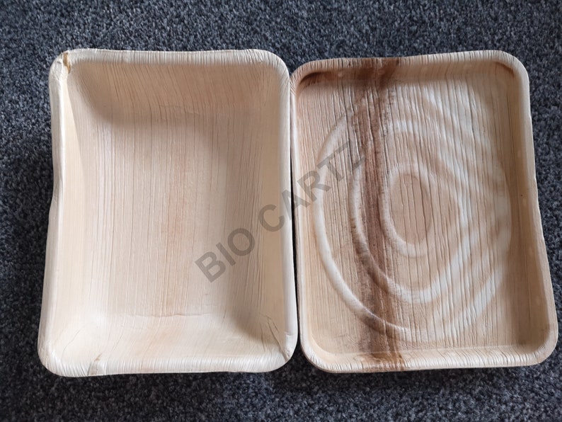 May include: Two square, disposable, palm leaf plates. The plates are made from natural materials and are biodegradable. The plates are perfect for serving food at parties or events.