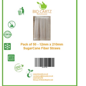 May include: A pack of 50 natural sugarcane fiber straws, 12mm in diameter and 210mm long. The straws are packaged in a clear plastic bag with a green leaf logo and the text "BIO CARTZ Natureware". The package also includes a barcode and the text "GA-SS-12m".