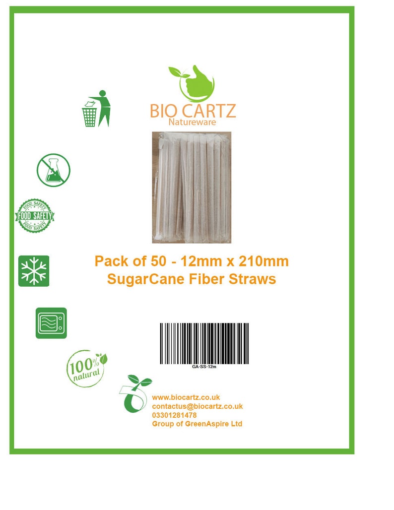 May include: A pack of 50 natural sugarcane fiber straws, 12mm in diameter and 210mm long. The straws are packaged in a clear plastic bag with a green leaf logo and the text "BIO CARTZ Natureware". The package also includes a barcode and the text "GA-SS-12m".