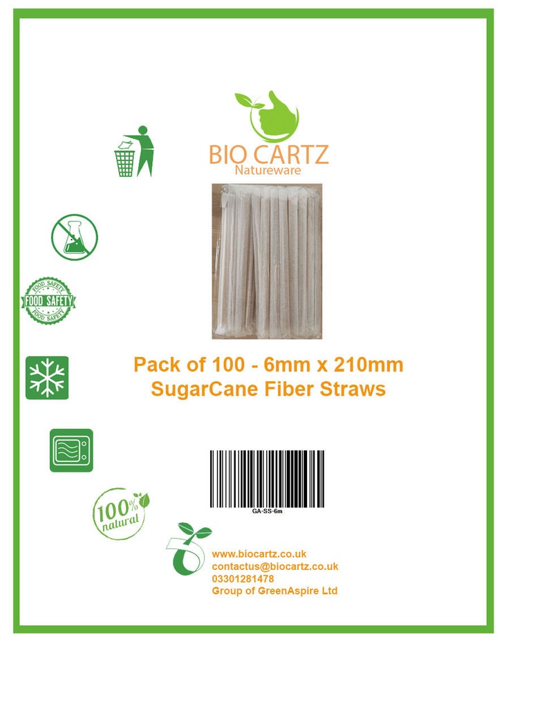 May include: A pack of 100 sugarcane fiber straws, 6mm in diameter and 210mm long. The straws are packaged in a clear plastic bag and are 100% natural. The product is labeled with the brand name "Bio Cartz Natureware" and a barcode.