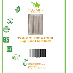 May include: A pack of 75 sugarcane fiber straws, 8mm in diameter and 210mm long. The straws are packaged in a clear plastic bag with a green and white label that says "BIO CARTZ Natureware". The label also includes a barcode, website address, and contact information.