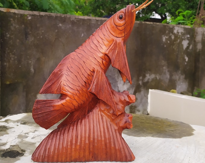 Beautiful Arowana fish. Arowana wood statue.  Abstract fish sculpture. animal statue. Father's day. Home decoration. Valentine's gift.