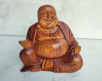 Happy laughing buddha hand carved statue, Happy Buddha “small and medium”. Happy Buddha Wooden Collection. Home decoration statue.
