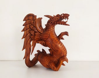 wooden dragon statue unique. Dragon carving, Handmade.