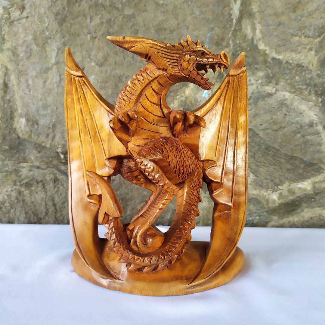 Wooden Dragon Statue. the Dragon Statue Stands on the Rock. Etsy