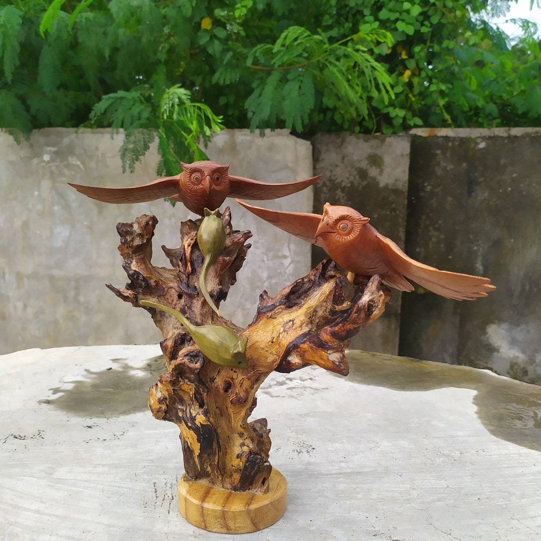 Hand Carved Wooden Owl Couple Statue, Jempinis Wood Sculpture - Etsy