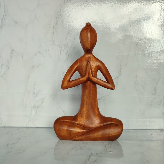 Wooden Yoga Woman Sculpture, Brown Jempinis Wood Ornament (31cm)
