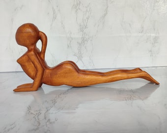 Wooden Cobra Pose Yoga Sculpture, Brown Finish, Balinese Wood Art