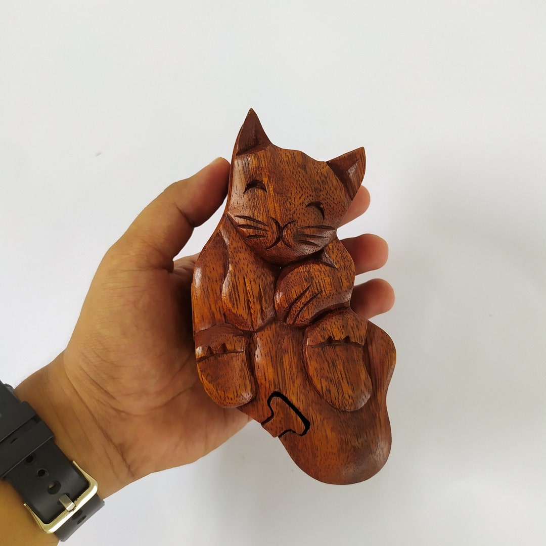 Beautiful Wooden Jewelry Box/ Cat Puzzle Box Sleeping on Its Back