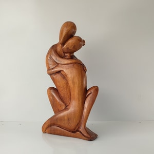 Romantic Couple Wood Sculpture, Hugging Love Statue