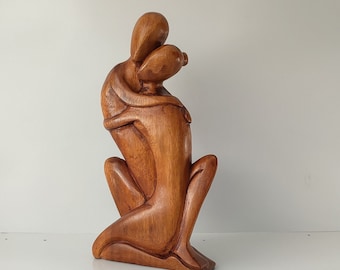 Romantic Couple Wood Sculpture, Hugging Love Statue