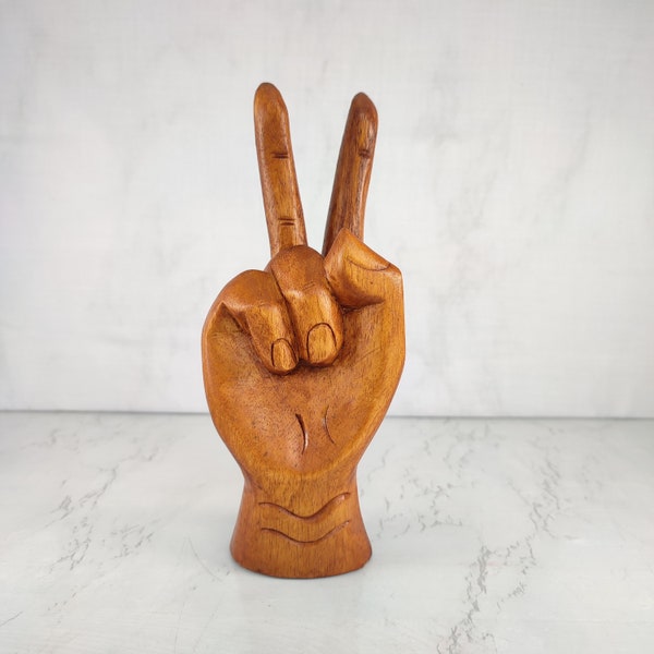 Peace Sign Hand Sculpture, Movement of fingers forming the letter 'V'. hand carved wooden hippie love symbol statue