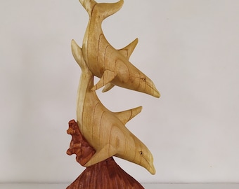 Statue de dauphin en bois sculpté à la main, décoration d'intérieur côtière