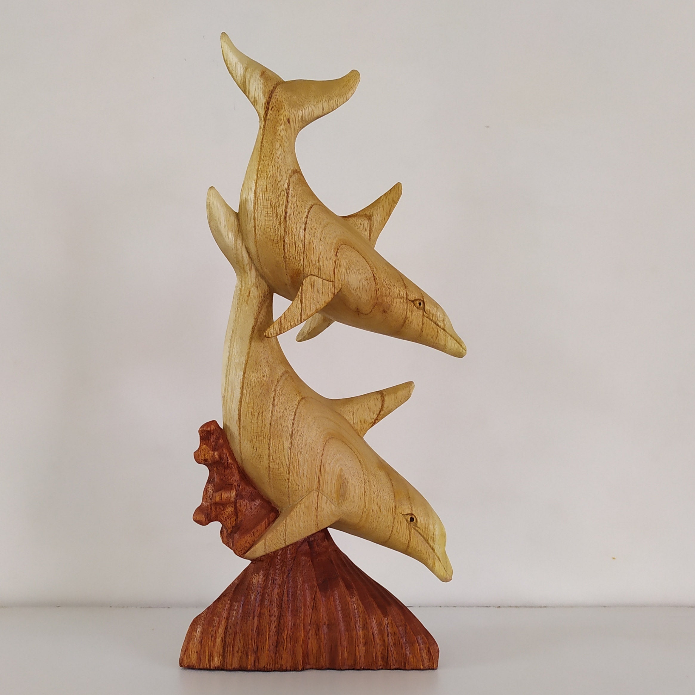Hand Carved Wooden Dolphin Statue, Coastal Home Decor