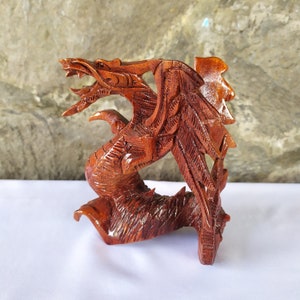 Wooden dragon statue unique. Hand carved dragon statue from brown wood Suar. Birthday gift, Gift father da
