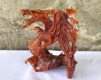 Hand Carved Wooden Dragon Statue, Brown Suar Wood
