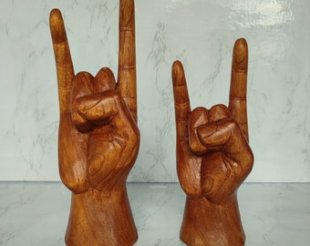 Hand Carved Rock and Roll Sign, Jempinis Wood Sculpture