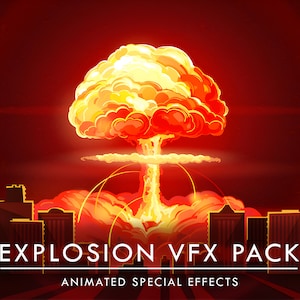 Könnte beinhalten: Eine digitale Illustration einer großen, feurigen Explosion über einer Stadtkulisse. Die Explosion ist gelb, orange und rot, mit einer Pilzwolke, die sich darüber erhebt. Der Text "EXPLOSION VFX PACK ANIMATED SPECIAL EFFECTS" befindet sich am unteren Rand des Bildes.