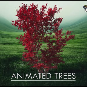 May include: A single red maple tree stands in a field of green grass. The tree has a full canopy of leaves and is in the foreground of the image. The background is a blurry image of a rolling green hill and a foggy sky. The text "ANIMATED TREES" is at the bottom of the image.