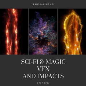 Peut inclure: Un graphisme gris foncé avec trois panneaux d'art numérique. Les panneaux affichent des effets visuels rouge ardent, violets et bleus, et orange doré. Le texte indique "TRANSPARENT VFX" et "SCI-FI & MAGIC VFX AND IMPACTS".