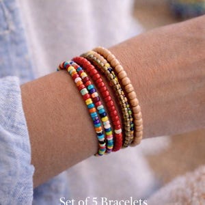 Set of 5 Boho Seed Bead Bracelets-Handmade Stretch Stackable Bracelet Set, Colorful Everyday Jewelry